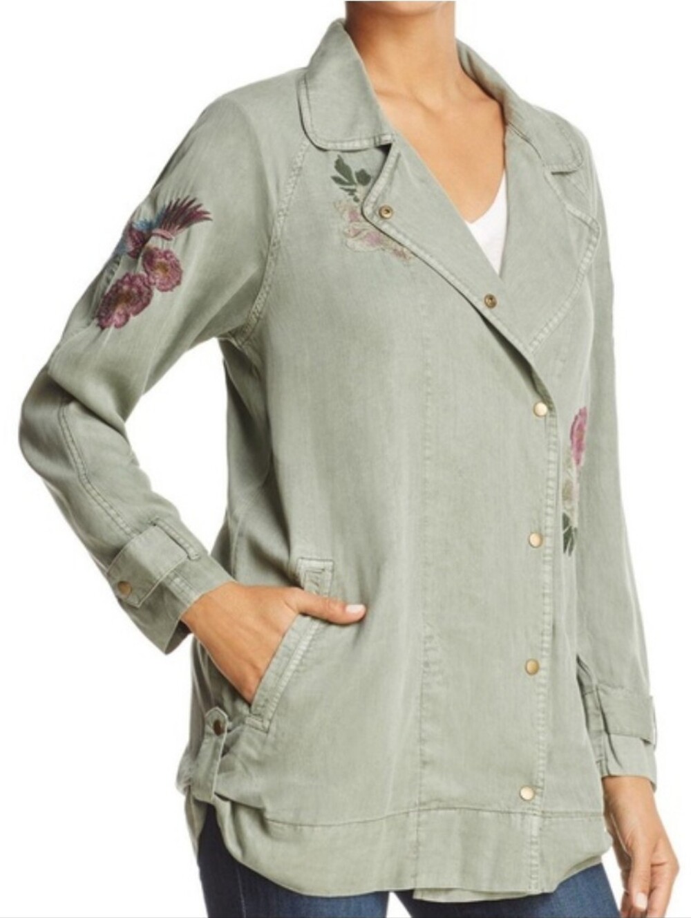 Billy T embroidered Cheetah Crane Floral safari button-down shirt jacket Small